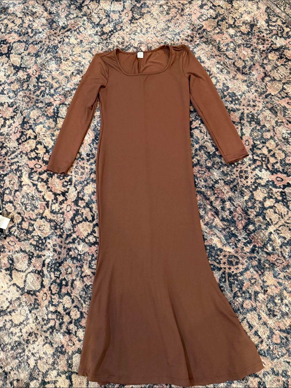 SHEIN Brown Long Sleeve Maxi Scoop Neck Dress
